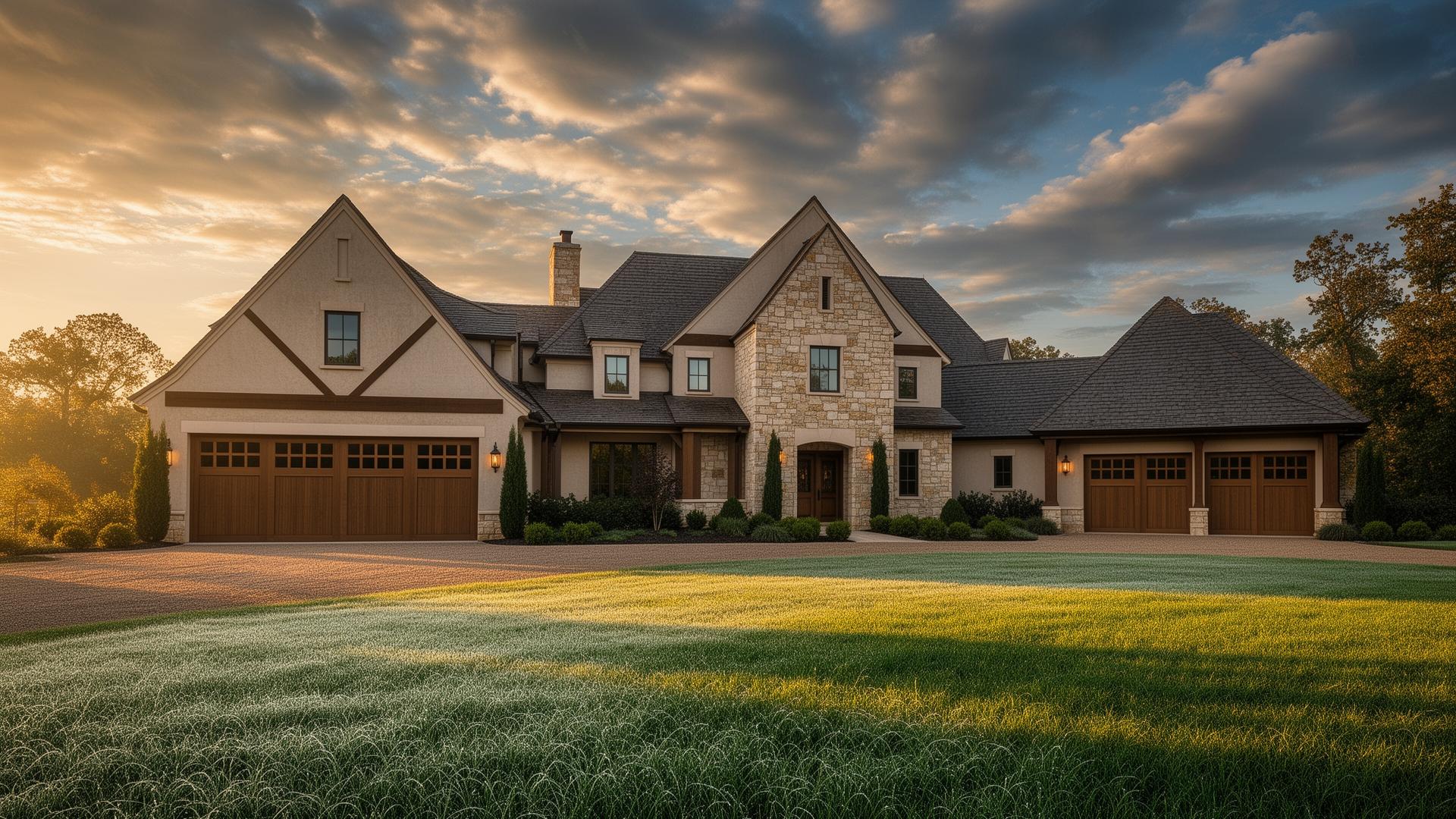 Beautiful French country estate with craftsman style garage doors featuring rectangular windows